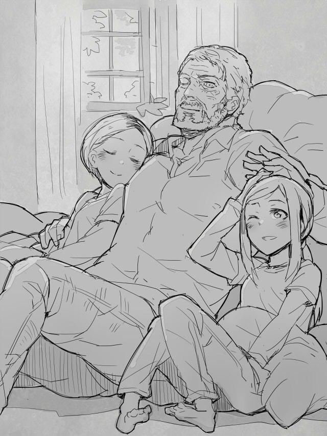 2girls bad_id bad_pixiv_id barefoot beard blush closed_eyes ellie_(the_last_of_us) facial_hair father_and_daughter good_end joel_(the_last_of_us) kuma_jet long_hair monochrome multiple_girls one_eye_closed pillow ponytail sarah_(the_last_of_us) short_hair sitting smile the_last_of_us time_paradox window
