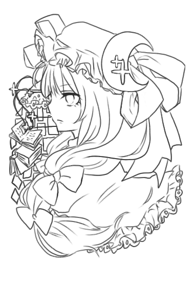 crescent greyscale hat hibari128 lineart long_hair monochrome patchouli_knowledge profile solo touhou
