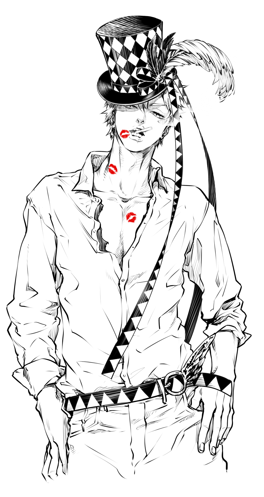 bad_id bad_pixiv_id belt belt_buckle buckle caesar_anthonio_zeppeli cigarette collared_shirt dress_shirt facial_mark hands_on_hips hat hat_feather highres jojo_no_kimyou_na_bouken lips lipstick_mark looking_at_viewer male_focus ribbon saitooo shirt sleeves_rolled_up smoke solo spot_color teeth thumb_in_pocket top_hat unbuttoned white_background