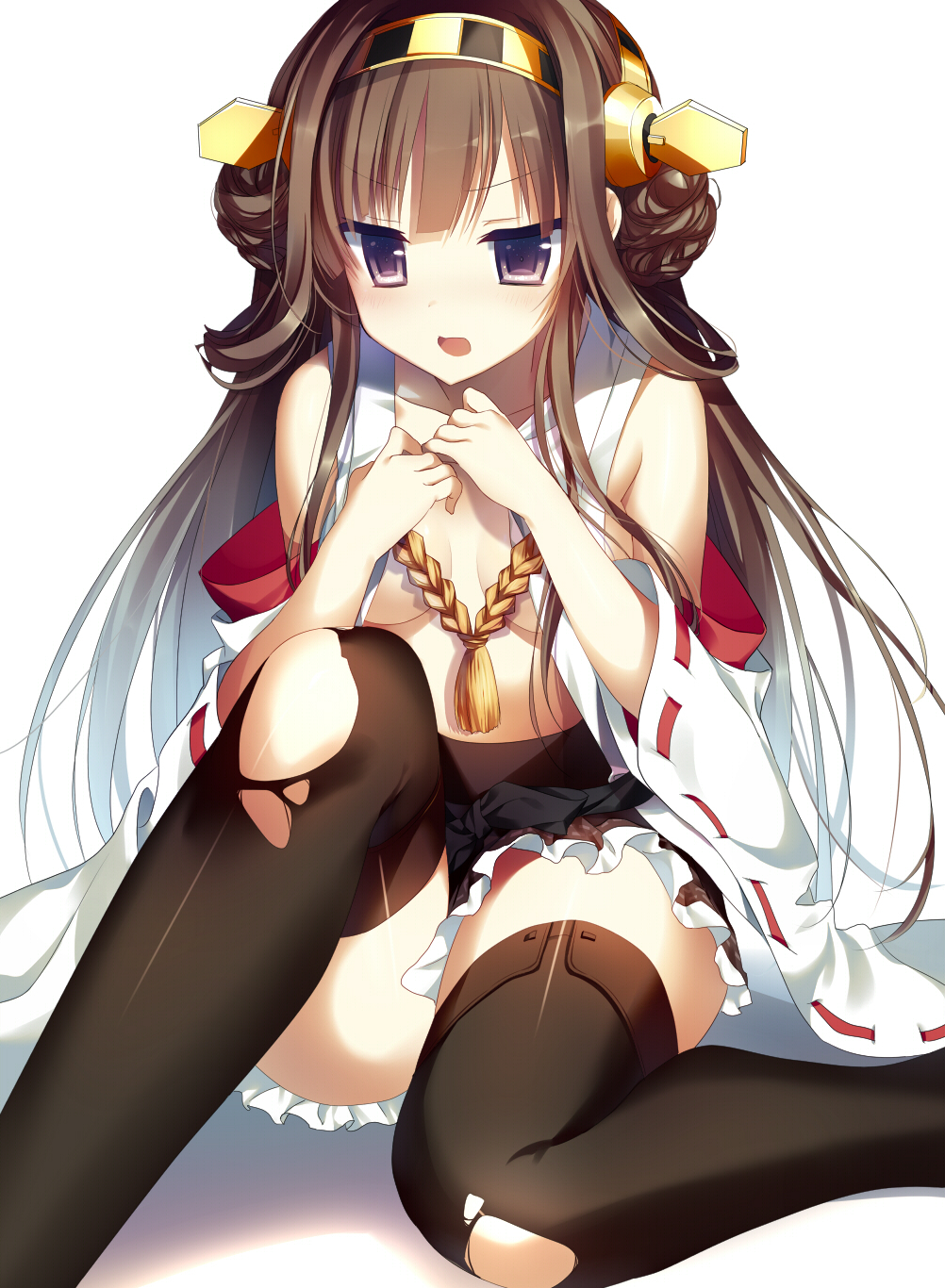 ahoge braid breasts brown_hair hairband highres japanese_clothes kantai_collection kongou_(kantai_collection) long_hair medium_breasts open_clothes open_mouth open_shirt purple_eyes ribbon-trimmed_sleeves ribbon_trim shirt sitting solo thighhighs torn_clothes yoruneko