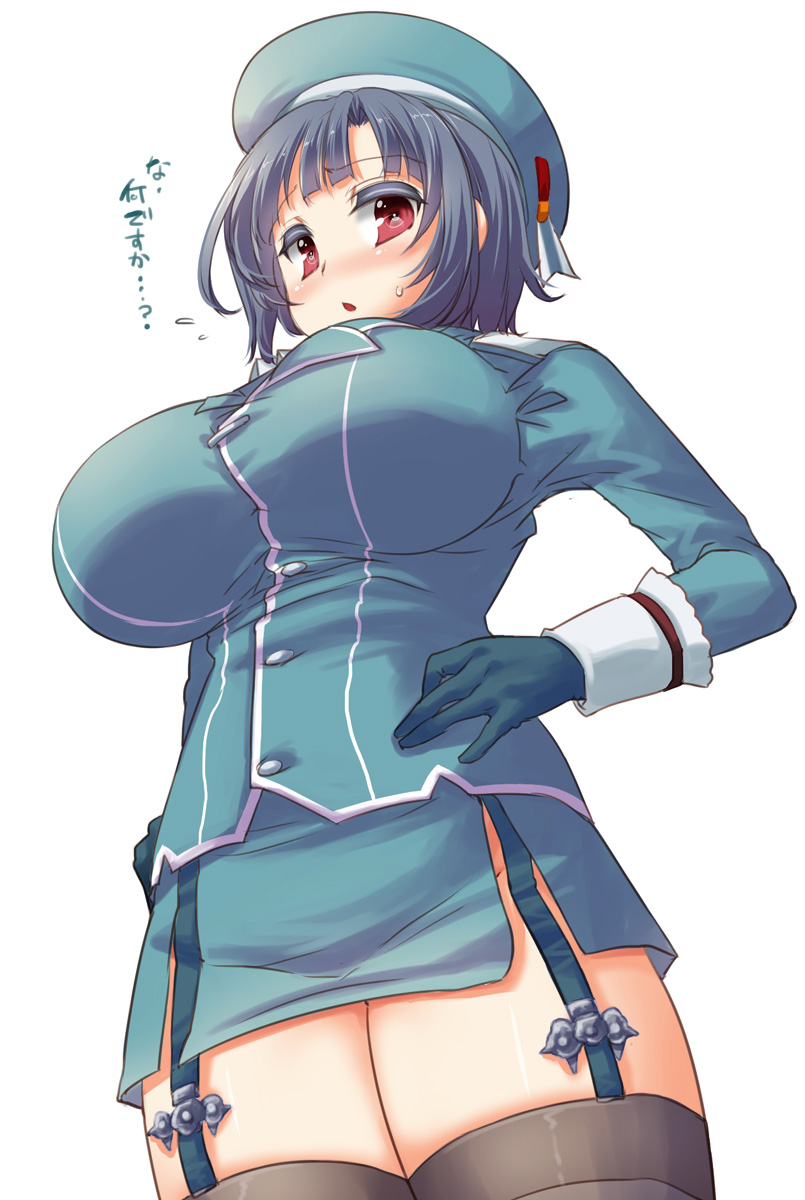 black_hair blush breasts chestnut_mouth flying_sweatdrops from_below fujiyama_takashi garter_straps gloves grey_hair hands_on_hips hat highres huge_breasts impossible_clothes impossible_shirt kantai_collection looking_at_viewer red_eyes shirt short_hair solo sweatdrop takao_(kantai_collection) thighhighs translated