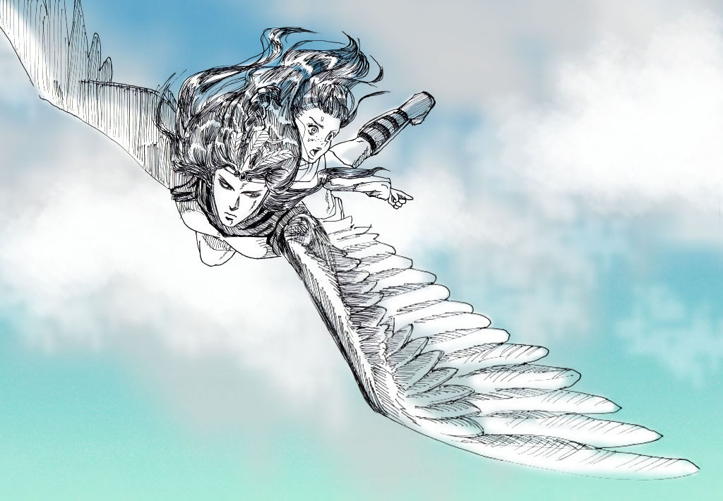 1girl battle_tendency feathers flying headdress hitonoshiro jojo_no_kimyou_na_bouken kars_(jojo) long_hair runaway_girl_(jojo) stardust_crusaders time_paradox wings