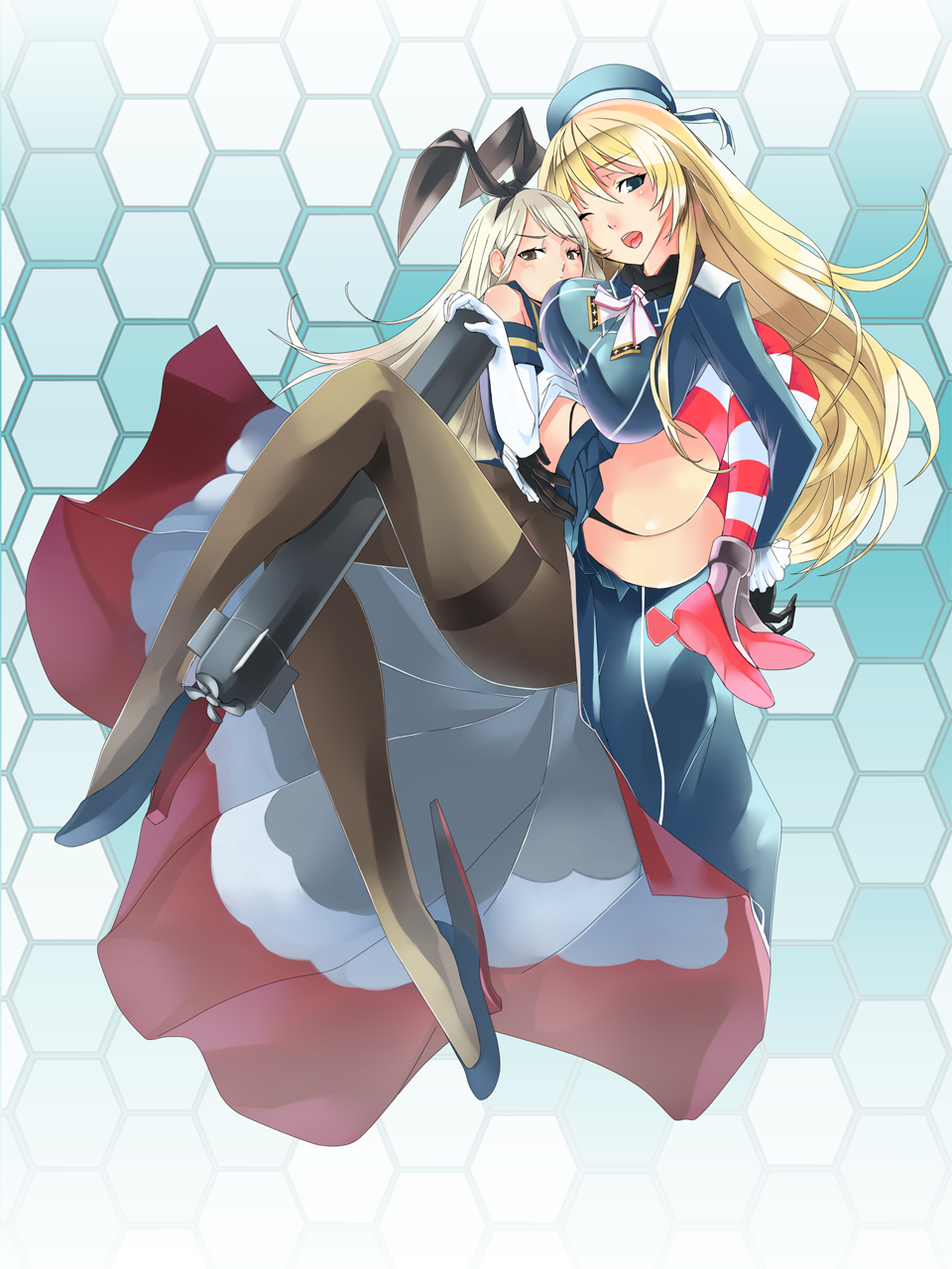 atago_(kantai_collection) black_gloves blonde_hair blush breasts brown_eyes elbow_gloves gloves green_eyes hairband hat highres hug kantai_collection large_breasts long_hair looking_at_viewer midriff military military_uniform multiple_girls ohland one_eye_closed open_mouth panties pantyhose shimakaze_(kantai_collection) skirt smile striped striped_legwear thighband_pantyhose thighhighs torpedo underwear uniform