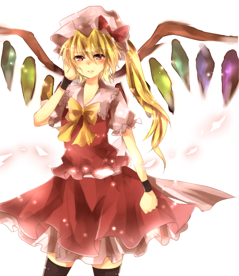 bad_id bad_pixiv_id black_legwear blonde_hair flandre_scarlet hat hat_ribbon mob_cap parimu red_eyes ribbon side_ponytail solo thighhighs touhou wings wrist_cuffs