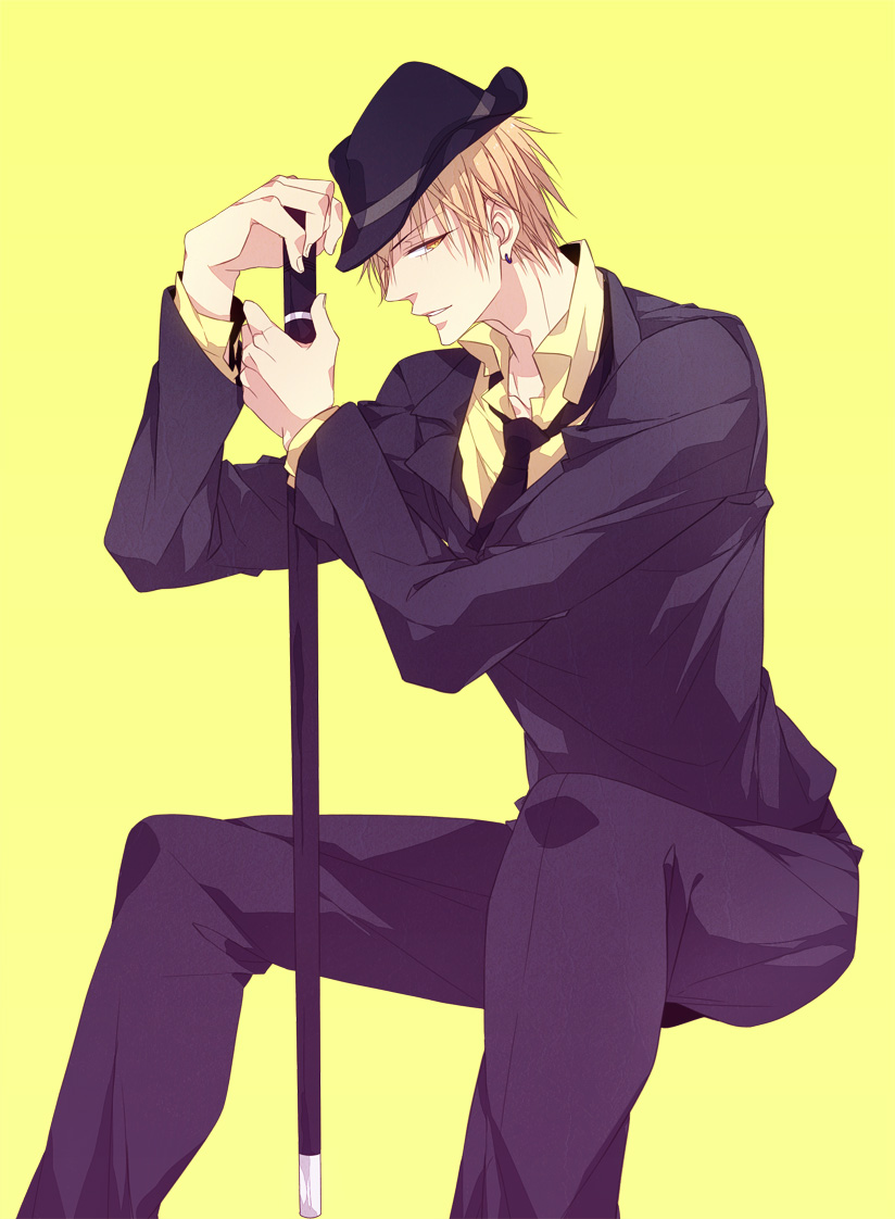 bad_id bad_pixiv_id blonde_hair cane fedora formal hat kise_ryouta kuroko_no_basuke male_focus sara666 solo suit yellow_eyes