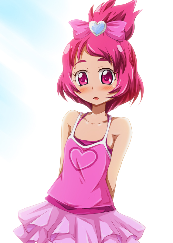 arms_behind_back bare_shoulders blush bow collarbone dokidoki!_precure half_updo personification pink_bow pink_eyes pink_hair precure sharuru_(dokidoki!_precure) sharuru_(dokidoki!_precure)_(human) shishinon short_hair solo