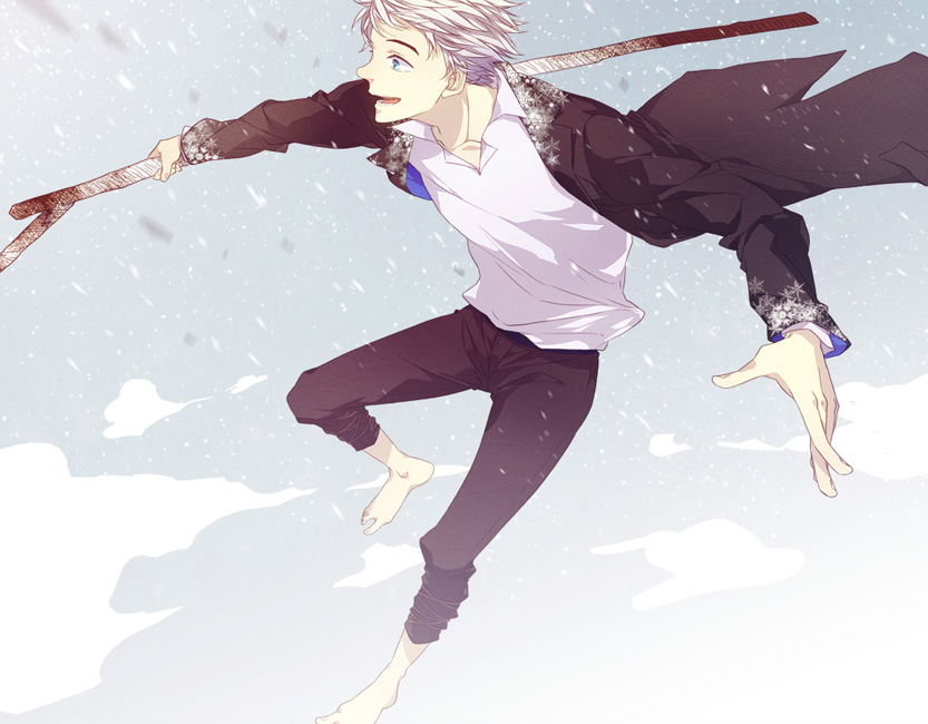 barefoot blue_eyes jack_frost_(rise_of_the_guardians) jacket male_focus rise_of_the_guardians sara666 silver_hair solo staff