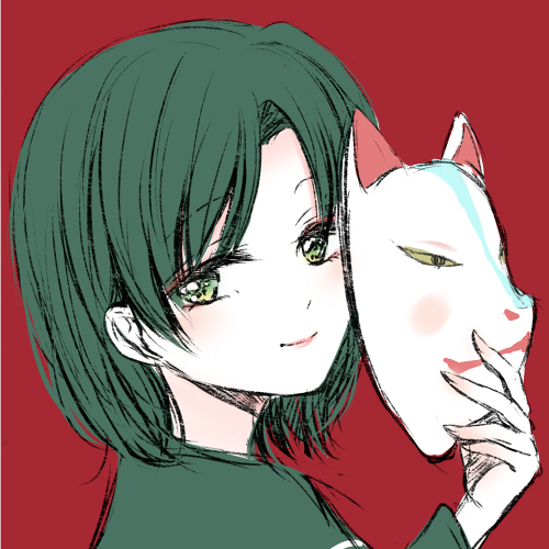 bad_id bad_pixiv_id green_eyes green_hair looking_at_viewer lowres mask original red_background short_hair simple_background smile solo sui_(camellia)