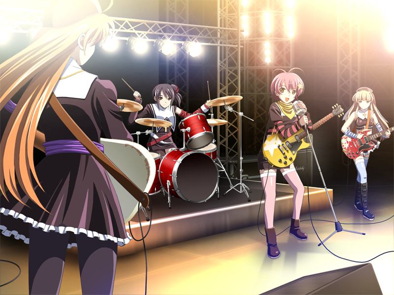 4girls character_request drum game_cg guitar instrument katakura_shinji kira_kira multiple_girls pink_hair shiino_kirari short_hair stage