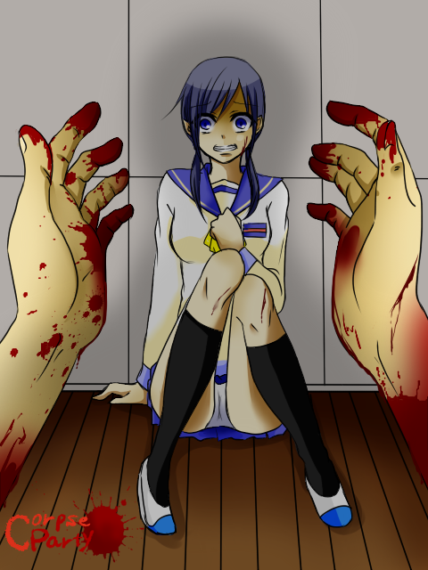 1girl artist_request blood bloody_hands blue_eyes blue_hair breasts clenched_teeth copyright_name corpse_party ears hands long_hair looking_at_viewer panties pantyshot pantyshot_(sitting) pov scared school_uniform shinozaki_ayumi short_twintails sitting teeth turn_pale twintails underwear