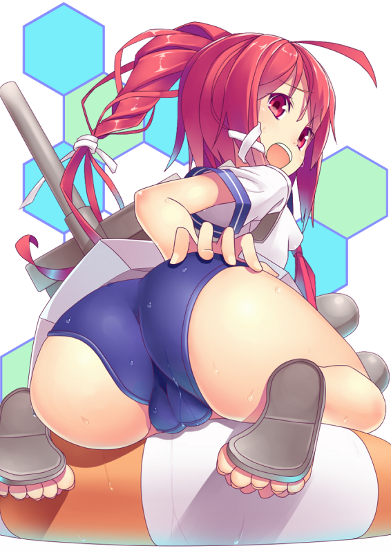 ahoge animated animated_png ass cameltoe derivative_work fat_mons i-168_(kantai_collection) innertube kantai_collection kaze_(kazesan) looking_back one-piece_swimsuit open_mouth red_hair sandals school_swimsuit school_uniform serafuku solo swimsuit swimsuit_under_clothes