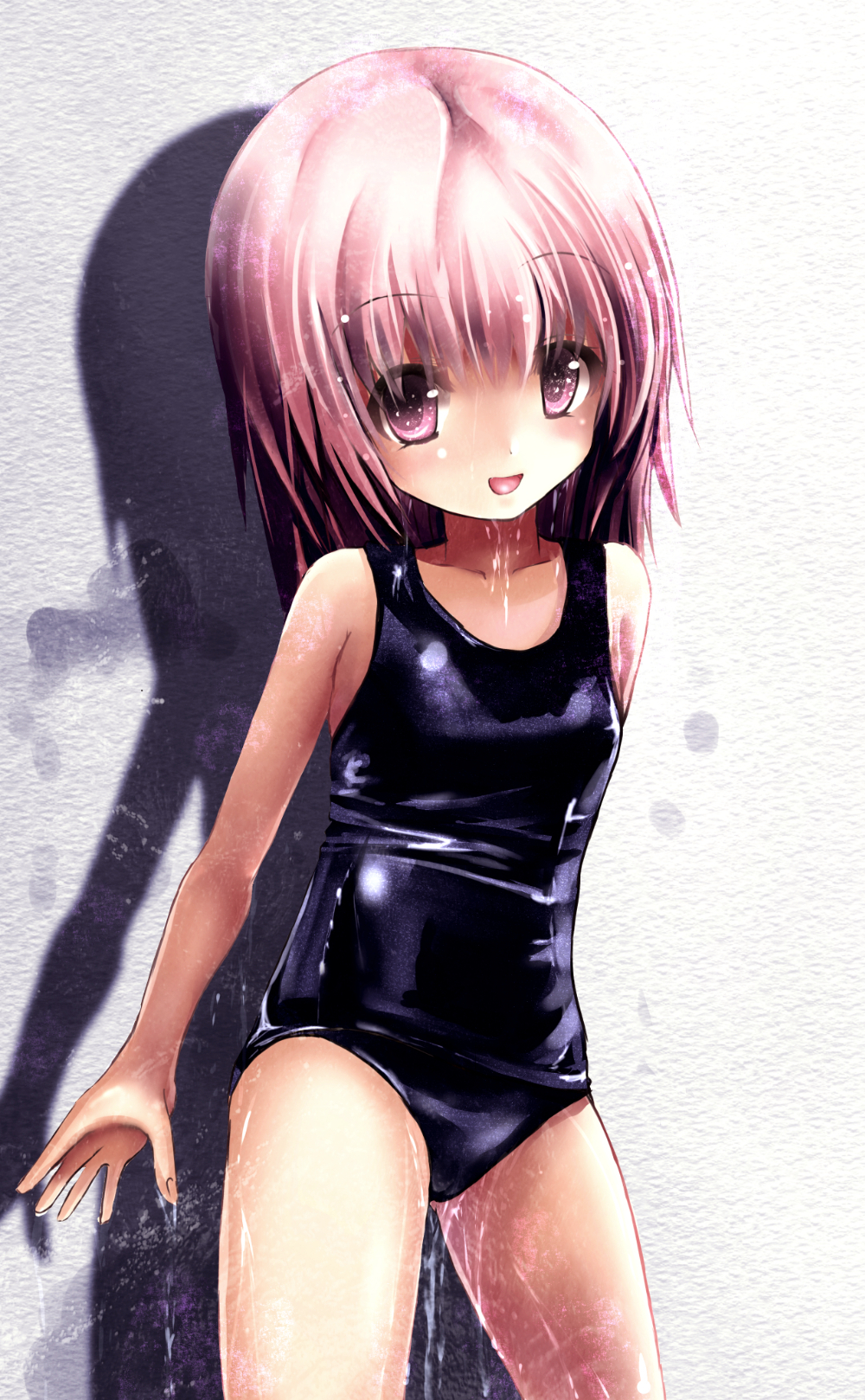 bad_id bad_pixiv_id highres missile228 one-piece_swimsuit original pink_eyes pink_hair school_swimsuit shiny shiny_clothes short_hair solo swimsuit wet wet_clothes