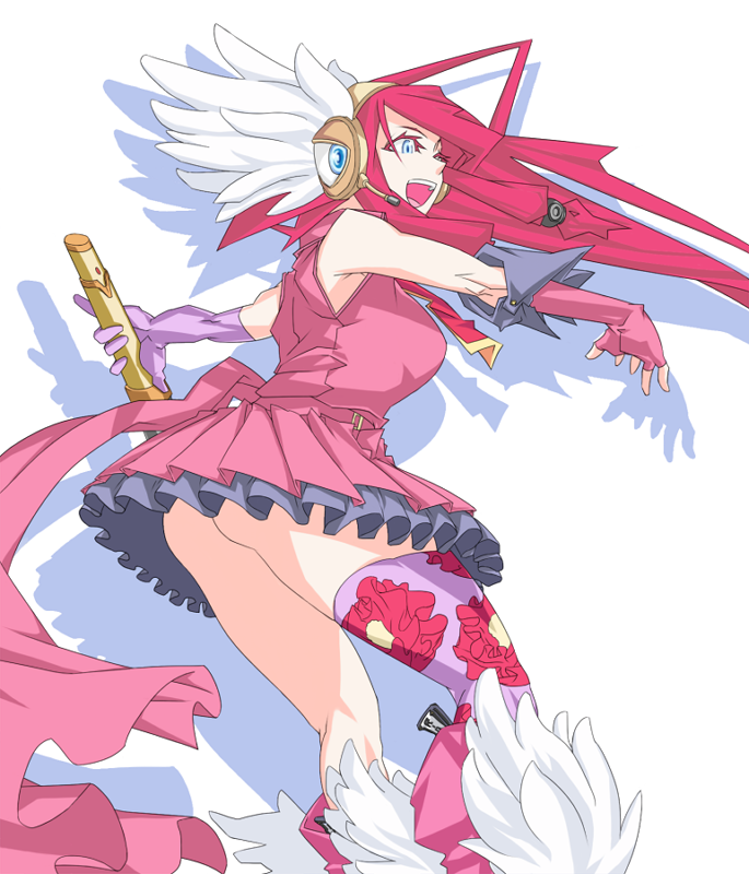 1girl alternate_costume arc_system_works ass blazblue blazblue:_continuum_shift blue_eyes breasts fingerless_gloves flower gloves hair_tubes headset long_hair magical_girl mismatched_legwear open_mouth red_hair sideboob smile super_banda803 thighhighs tsubaki_yayoi wings