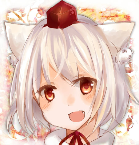 :d animal_ears bad_id bad_pixiv_id blush chin_strap face fang hat inubashiri_momiji looking_at_viewer lowres moko_(3886397) open_mouth red_eyes short_hair smile solo tokin_hat touhou white_hair wolf_ears