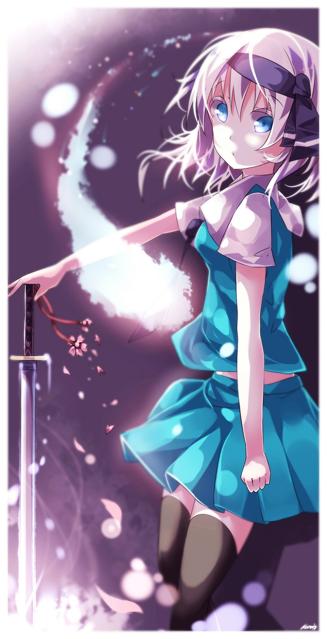 bad_id bad_pixiv_id black_legwear blue_eyes hair_ribbon highres katana konpaku_youmu konpaku_youmu_(ghost) petals ribbon saijou_karin silver_hair solo sword thighhighs touhou weapon