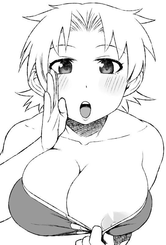 areolae bare_shoulders blush breasts cleavage cleavage_reach collarbone final_fantasy final_fantasy_tactics flashing greyscale large_breasts looking_at_viewer monk_(fft) monochrome nipples open_mouth shirt_pull short_hair skindentation solo tsukudani_(coke-buta) upper_body