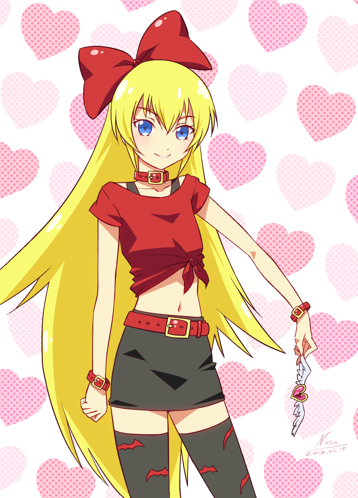 alternate_costume alternate_legwear animal_print artist_name bat_print belt black_legwear blonde_hair blue_eyes choker dokidoki!_precure heart heart_background long_hair midriff miniskirt navel nicca_(kid_nicca) precure print_legwear red_ribbon regina_(dokidoki!_precure) ribbon shirt skirt smile solo thighhighs tied_shirt wings wrist_straps zettai_ryouiki