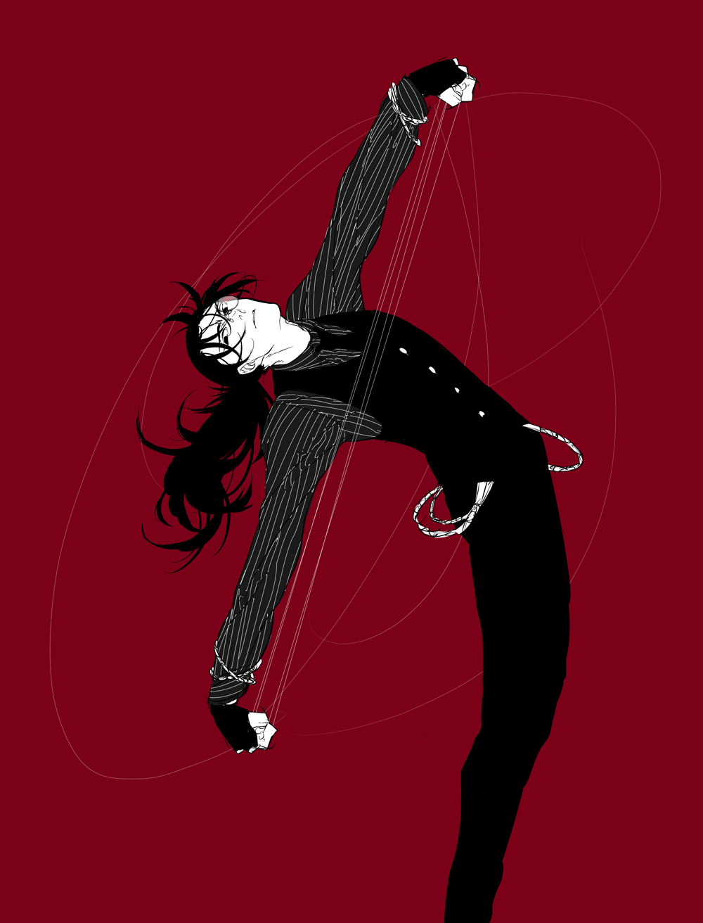 ab00 bad_id bad_pixiv_id black_hair glasses hellsing highres long_hair male_focus monochrome ponytail solo string vest waistcoat walter_c_dornez wire younger