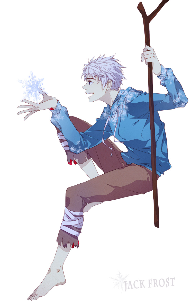 barefoot hood hoodie jack_frost_(rise_of_the_guardians) magic male_focus rise_of_the_guardians sara666 silver_hair solo staff stick