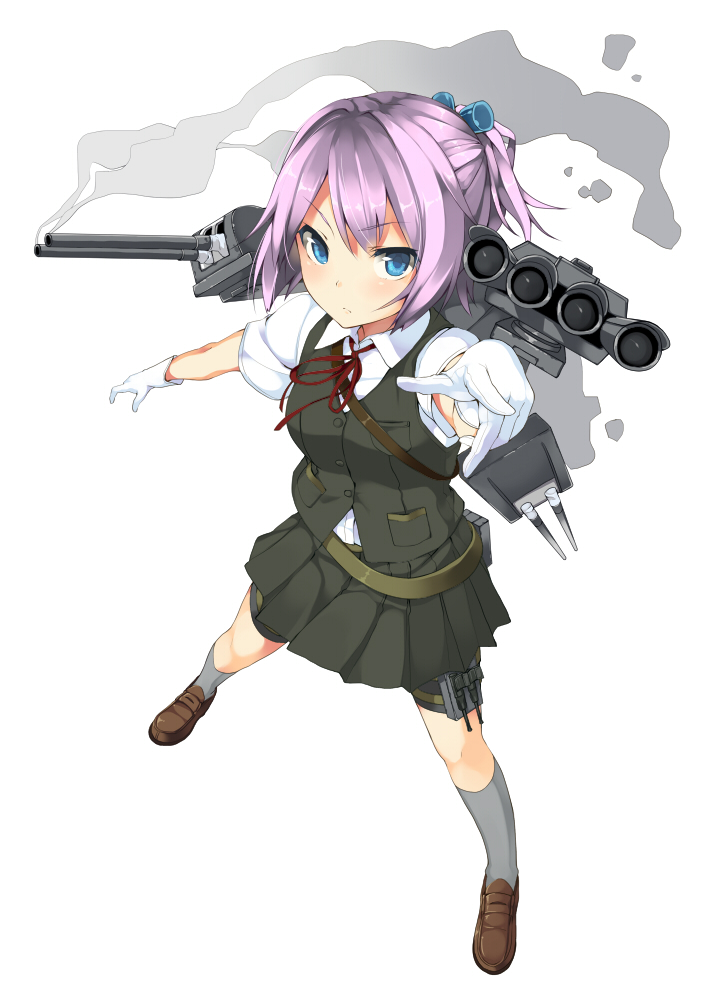 aiming_at_viewer bangs belt bike_shorts black_skirt black_vest blue_eyes breast_pocket brown_footwear cannon collared_shirt eyebrows_visible_through_hair from_above full_body gloves grey_legwear gun hair_ornament kantai_collection kneehighs legs_apart loose_belt machinery neck_ribbon outstretched_arms pink_hair pleated_skirt pocket pointing pointing_at_viewer red_neckwear red_ribbon ribbon school_uniform shiranui_(kantai_collection) shirt short_ponytail short_sleeves shorts shorts_under_skirt skirt smoke smoking_gun solo thigh_strap turret unasaka_ryou up_sleeve v-shaped_eyebrows vest weapon white_gloves white_shirt