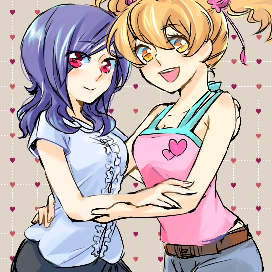 :d arm_around_waist belt blonde_hair blush couple fresh_precure! heart heart_background higashi_setsuna hug makura00 momozono_love multiple_girls open_mouth pink_tank_top precure purple_hair red_eyes sleeveless smile twintails yellow_eyes yuri