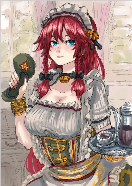 alternate_costume blue_eyes breasts cup enmaided hong_meiling large_breasts long_hair maid maid_headdress panzer red_hair solo teacup touhou