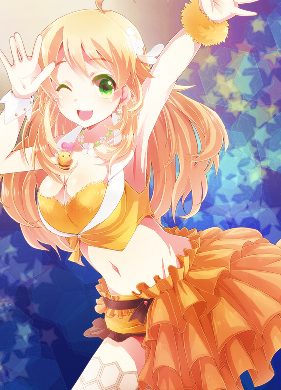 81_(mellowry) ahoge arm_up bee blonde_hair blush breasts bug cleavage green_eyes hoshii_miki idolmaster idolmaster_(classic) insect large_breasts long_hair navel one_eye_closed open_mouth skirt smile solo thighhighs wristband