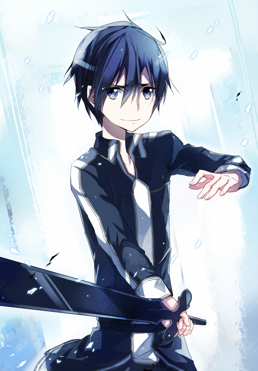 black_eyes black_hair blue_background cowboy_shot formal hair_between_eyes highres holding holding_sword holding_weapon jacket jianmo_sl kirito long_sleeves looking_at_viewer male_focus open_clothes open_jacket pants shirt solo suit sword sword_art_online weapon white_shirt