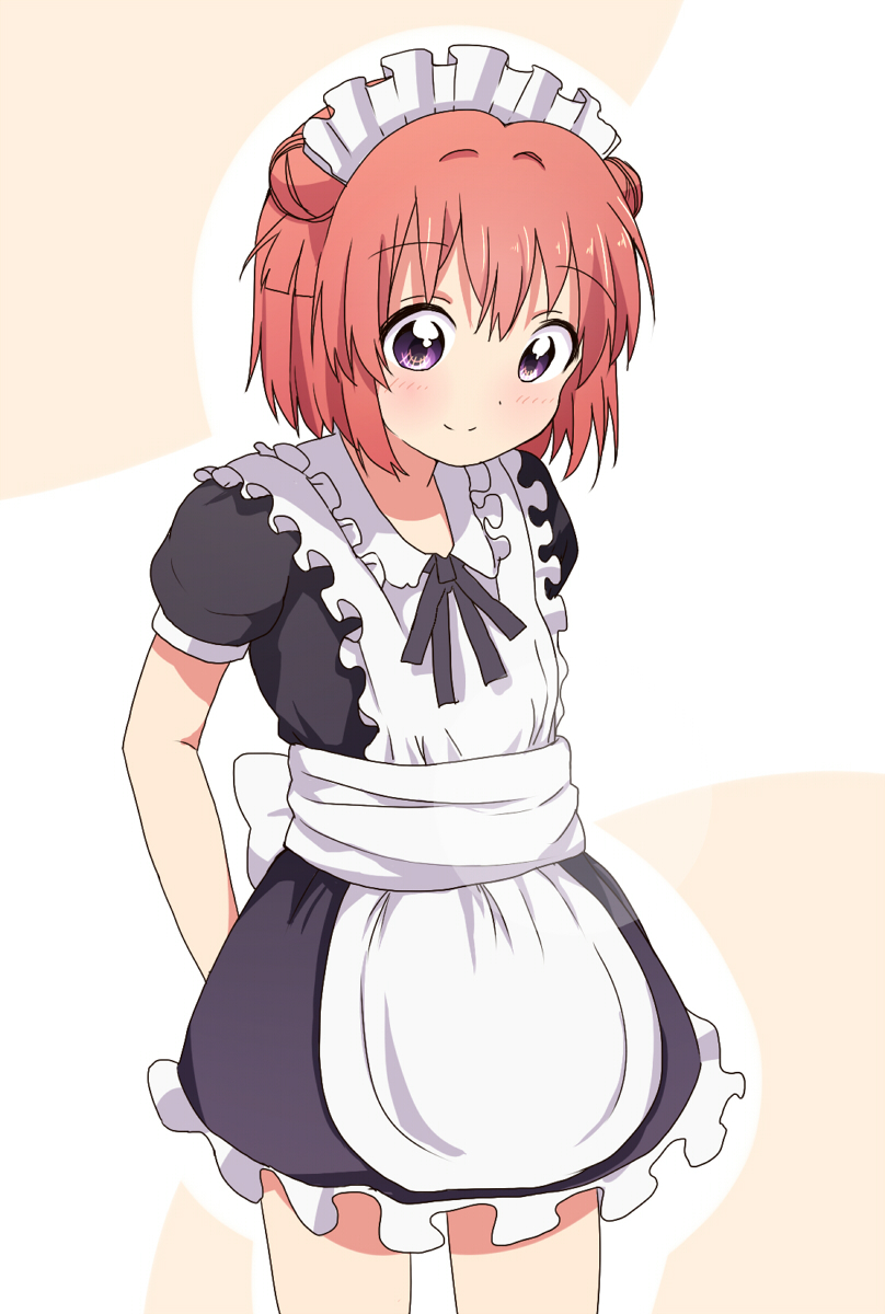 akaza_akari double_bun highres maid maid_headdress purple_eyes red_hair short_hair smile solo tata_(tataice) yuru_yuri