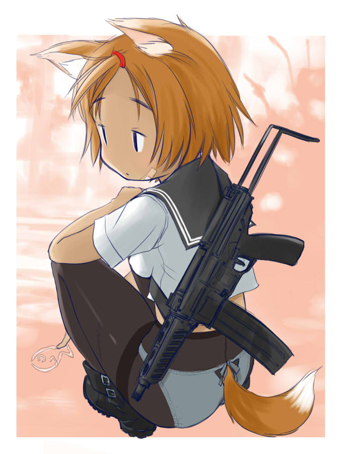 animal_ears ass assault_rifle bandaid black_legwear fox_ears fox_tail gun no_pants orange_hair original panties panties_under_pantyhose pantyhose purple_eyes retsumaru rifle school_uniform serafuku short_hair solo squatting tail thighband_pantyhose underwear weapon