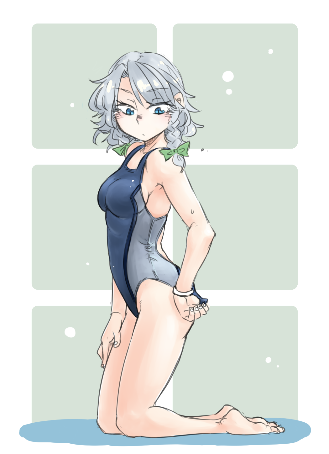 adjusting_clothes adjusting_swimsuit bare_shoulders blue_eyes braid breasts competition_swimsuit highres izayoi_sakuya kneeling medium_breasts one-piece_swimsuit ponke ribbon short_hair silver_hair solo swimsuit touhou twin_braids