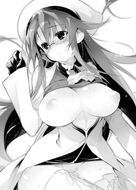 aty_(summon_night) beret black_gloves blush breasts clothes_lift cravat cross-laced_footwear glasses gloves greyscale hat inverted_nipples kotamaru_(pajama_soft) large_breasts long_hair lying monochrome nipples puffy_nipples solo summon_night summon_night_3 summon_night_5 sweater sweater_lift thighhighs