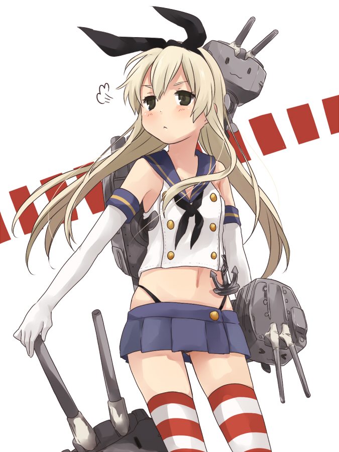 :&lt; anchor bad_id bad_pixiv_id blonde_hair blush elbow_gloves gloves hairband highleg highleg_panties kantai_collection long_hair looking_away navel panties rensouhou-chan sailor_collar shimakaze_(kantai_collection) simple_background solo striped striped_legwear thighhighs tomo_(sjim) underwear white_background