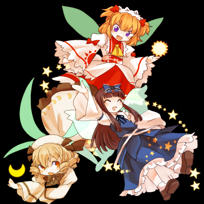 arms_up black_hair blonde_hair blue_eyes bow chamaruku closed_eyes crescent dress drill_hair fang hair_bow long_hair luna_child moon multiple_girls open_mouth red_eyes short_hair smile star star_sapphire sun sunny_milk touhou twintails wings