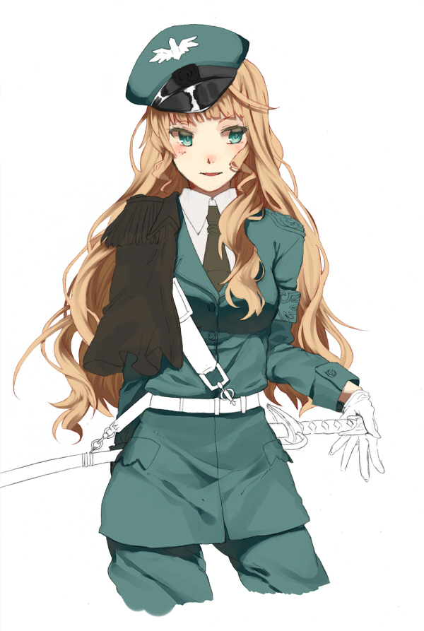 alternate_costume armband beatrice belt blonde_hair blue_eyes cowboy_shot cropped_legs gloves hair_down hat kouichirou long_hair necktie partially_colored peaked_cap police police_uniform smile solo sword umineko_no_naku_koro_ni uniform weapon