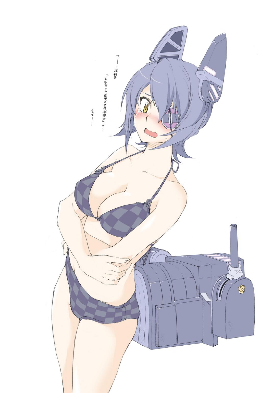 1girl bikini black_hair blush breasts check_translation checkered checkered_swimsuit cleavage crossed_arms elf_(stroll_in_the_woods) embarrassed eyepatch headgear highres kantai_collection large_breasts mecha_musume open_mouth personification short_hair simple_background solo strap_gap sweatdrop swimsuit tears tenryuu_(kantai_collection) translated translted white_background yellow_eyes