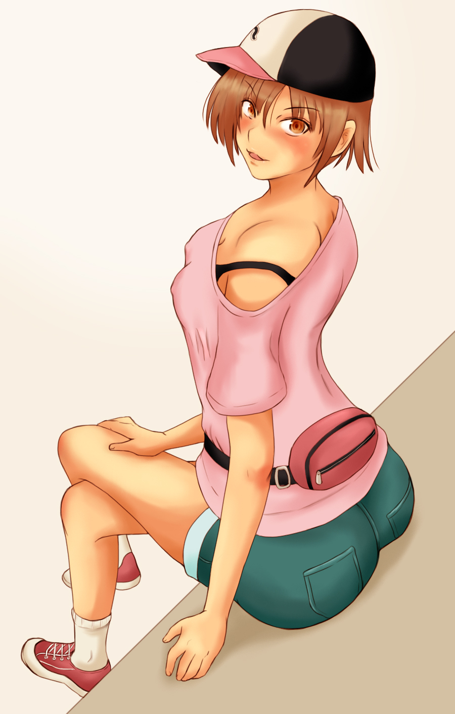 1girl ass baseball_cap blush breasts brown_eyes brown_hair hat legs_crossed looking_at_viewer momo_765 original rirakukan shoes short_hair shorts smile sneakers tomboy