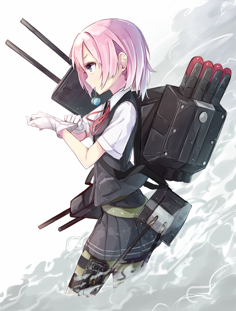 adjusting_clothes adjusting_gloves belt blue_eyes cannon gloves gun hair_down hair_ornament highres kantai_collection kojiki-life mouth_hold neck_ribbon pink_hair pleated_skirt red_neckwear red_ribbon ribbon school_uniform shiranui_(kantai_collection) short_sleeves skirt solo vest weapon white_gloves