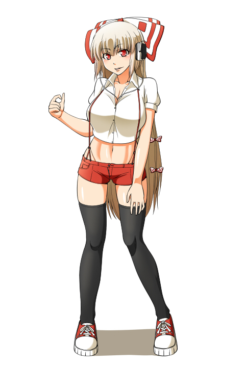 alternate_costume azuman black_legwear bow breasts contemporary fujiwara_no_mokou full_body hair_bow headphones large_breasts long_hair midriff navel red_eyes ribbon shoes short_shorts shorts silver_hair simple_background sneakers solo suspenders thighhighs touhou white_hair