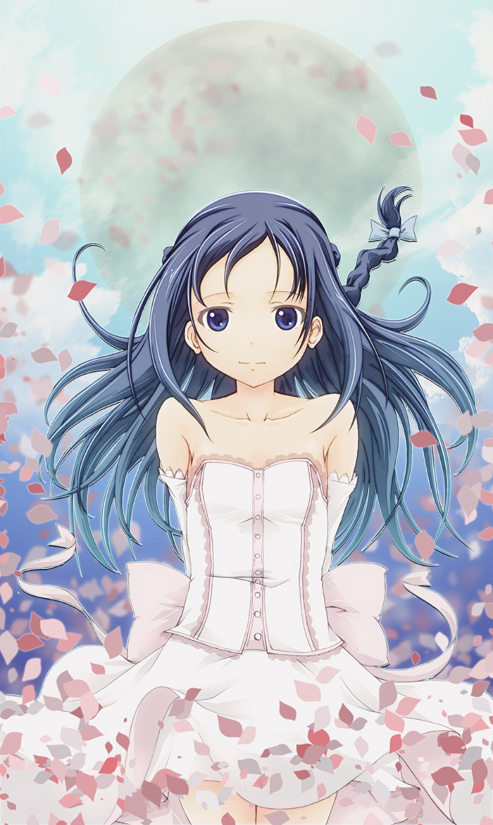 arms_behind_back bare_shoulders blue_eyes blue_hair bow collarbone dokidoki!_precure dress hishikawa_rikka light_smile long_hair petals precure slowpit solo