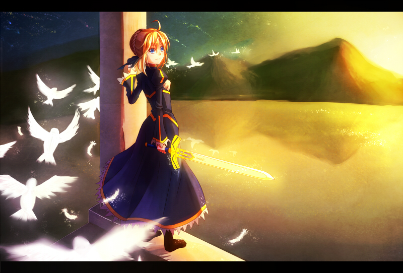 ahoge aoi_(tophtiter) artoria_pendragon_(all) bad_id bad_pixiv_id bird blonde_hair blue_eyes dove dress excalibur fate/stay_night fate_(series) feathers hair_ribbon juliet_sleeves letterboxed long_sleeves mountain puffy_sleeves ribbon saber smile solo sunset sword weapon