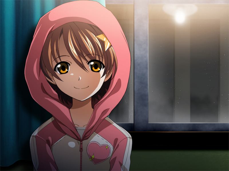 brown_hair game_cg hair_ornament hood hoodie katakura_shinji kira_kira shiino_kirari short_hair