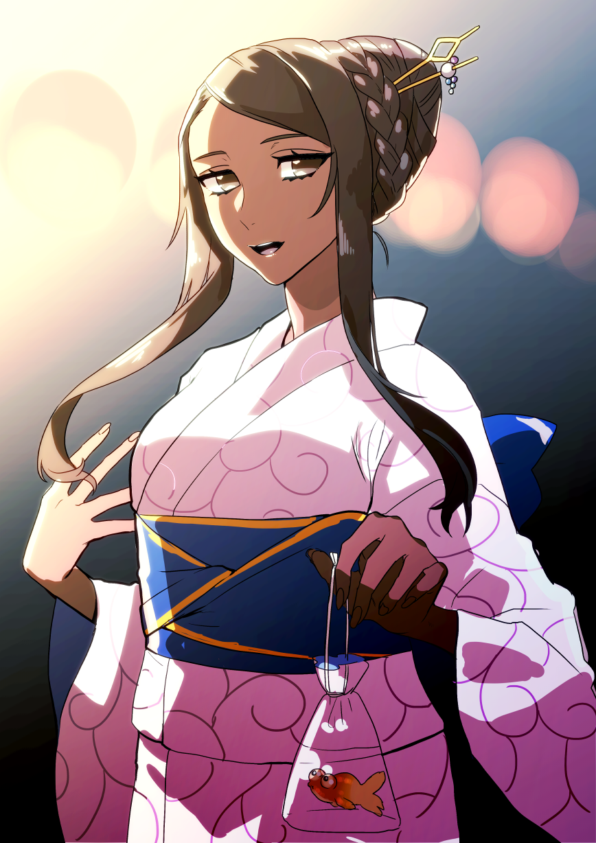 1girl alternate_hair_length alternate_hairstyle arjuna_(fate/grand_order) bangs braid brown_eyes brown_hair dark_skin fate/grand_order fate_(series) fish french_braid genderswap genderswap_(mtf) goldfish hair_bun hair_twirling highres japanese_clothes kbtmsboy kimono looking_at_viewer night obi parted_lips pink_kimono sash short_hair_with_long_locks smile solo swept_bangs wide_sleeves