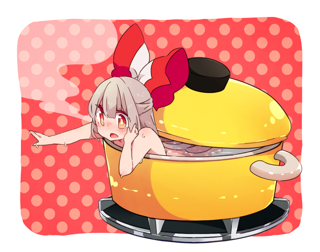 bad_id bad_pixiv_id bathing bow cooking fujiwara_no_mokou hair_bow in_container long_hair minigirl nude pot red_eyes ribbon silver_hair solo steam touhou wan_mame wet