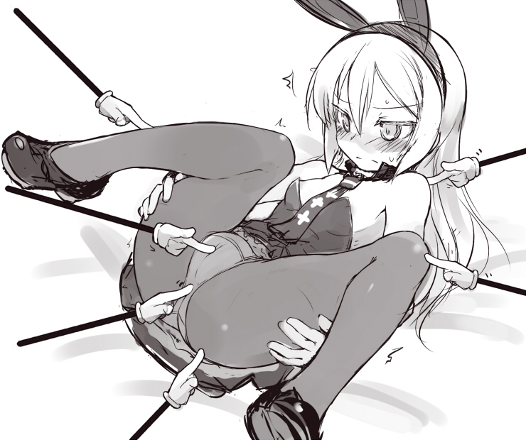 animal_ears bare_shoulders blush bunny_ears detached_collar fake_animal_ears greyscale heinrike_prinzessin_zu_sayn-wittgenstein long_hair lying monochrome necktie noble_witches null_(nyanpyoun) on_back panties panties_under_pantyhose pantyhose sketch solo spread_legs underwear world_witches_series