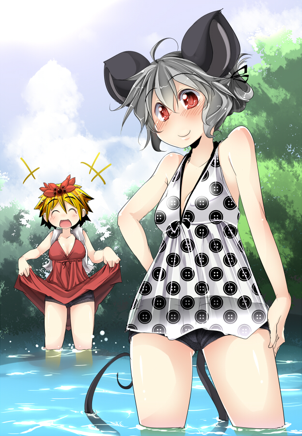 aki_(akikaze_asparagus) alternate_costume animal_ears bare_arms bare_shoulders blonde_hair blue_sky blush breasts brown_hair closed_eyes cloud day dress dress_lift grey_hair hair_ornament laughing medium_breasts mouse_ears mouse_tail multicolored_hair multiple_girls nazrin open_mouth outdoors polka_dot polka_dot_dress red_eyes red_skirt river see-through short_hair short_shorts shorts shorts_under_skirt skirt sky smile standing swimsuit tail toramaru_shou touhou tree two-tone_hair wading white_dress