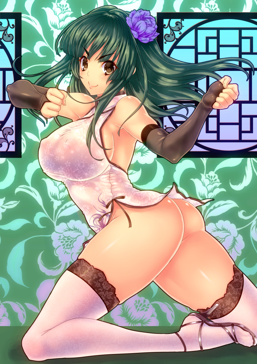 ass breasts china_dress chinese_clothes clenched_hands covered_nipples detached_sleeves dress fighting_stance flower green_hair hair_flower hair_ornament high_heels highres lace lace-trimmed_thighhighs large_breasts long_hair no_panties original rokko sideboob smile solo thick_thighs thighhighs thighs yellow_eyes