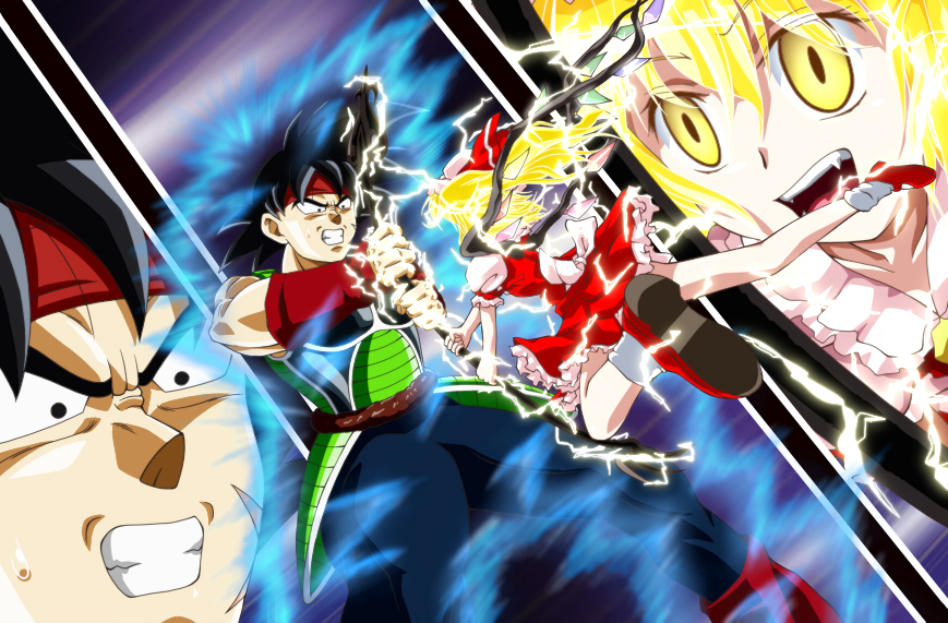 1girl armor aura bardock black_eyes black_hair blonde_hair clenched_hands clenched_teeth crossover crystal dragon_ball dragon_ball_z dress electricity fang flandre_scarlet full_body hat hat_ribbon headband monkey_tail muscle open_mouth puffy_sleeves red_dress red_eyes ribbon scar shirt short_hair side_ponytail skirt spiked_hair sweatdrop tail teeth ten'yoku touhou vampire vest wings wristband
