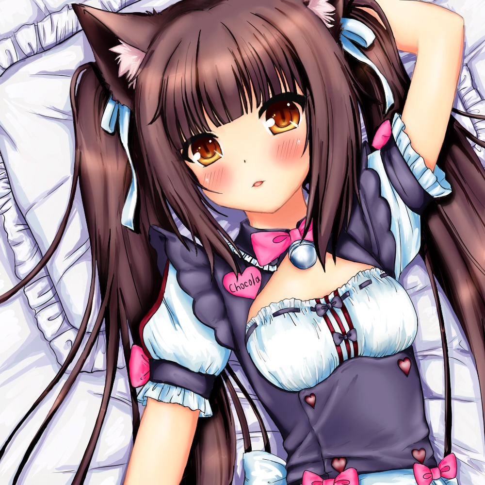 animal_ears apron bangs bell blush bow bowtie brown_hair cat_ears chocola_(sayori) jingle_bell maid maid_headdress md5_mismatch nekopara open_mouth orange_eyes pillow seira_hirano solo