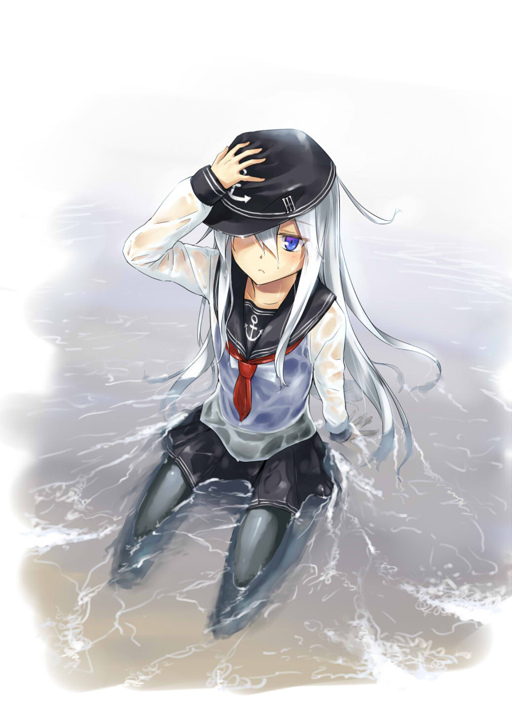 black_legwear blue_eyes blush from_above gou_(double_trigger) hand_on_headwear hat hat_over_one_eye hibiki_(kantai_collection) highres kantai_collection long_hair looking_up one-piece_swimsuit pantyhose school_uniform see-through seiza serafuku silver_hair sitting skirt solo swimsuit swimsuit_under_clothes water wet wet_clothes